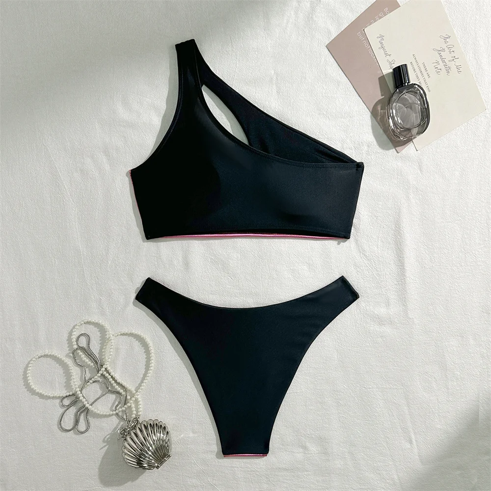 Sexy noir épissure rose Bikini une épaule évider Tankini maillot de bain femmes Push Up vacances maillots de bain maillot de bain tenue de plage