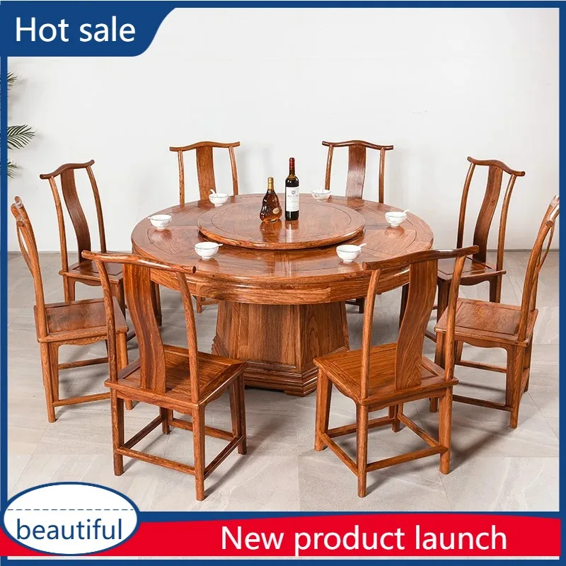 

A003 Mahogany round dining table rosewood round table with turntable new Chinese solid wood antique dining table combination