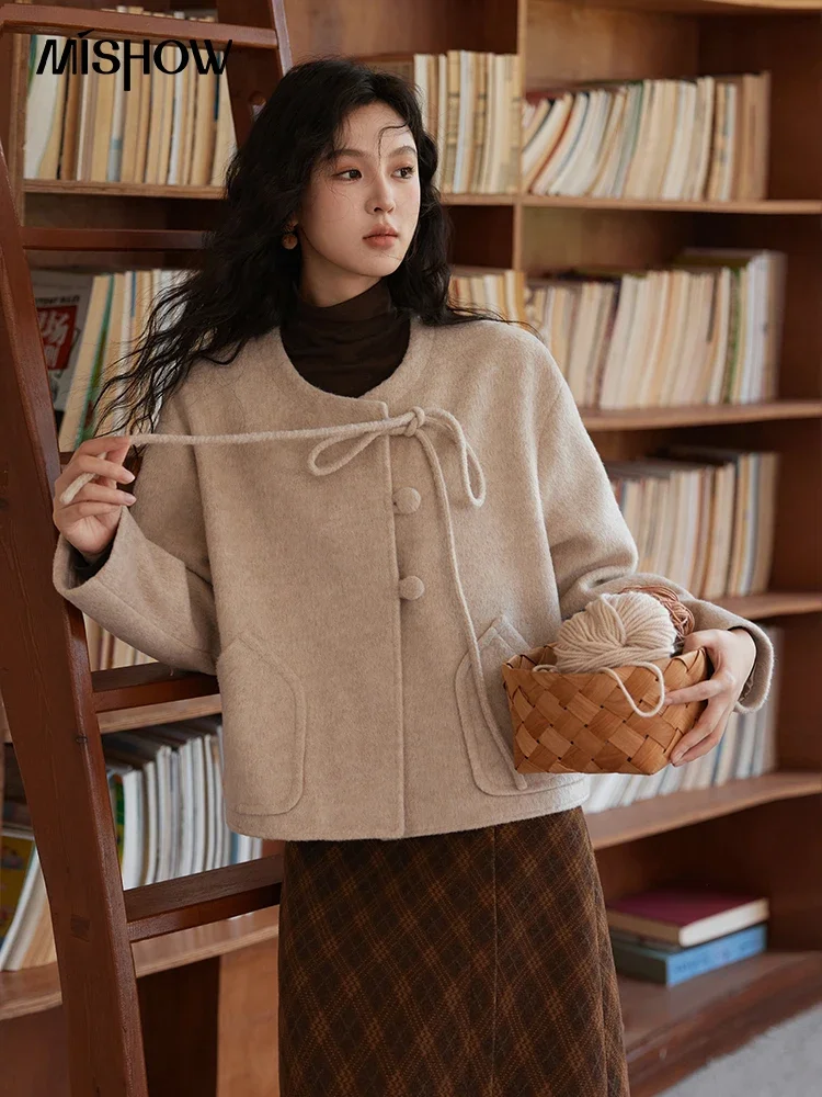 MISHOW Apricot Tweed Jacket Women O-Neck Lace Up Bow Coat 2024 Autumn Winter Korean Fashion Gentle Simple Short Coat MXD56W0531