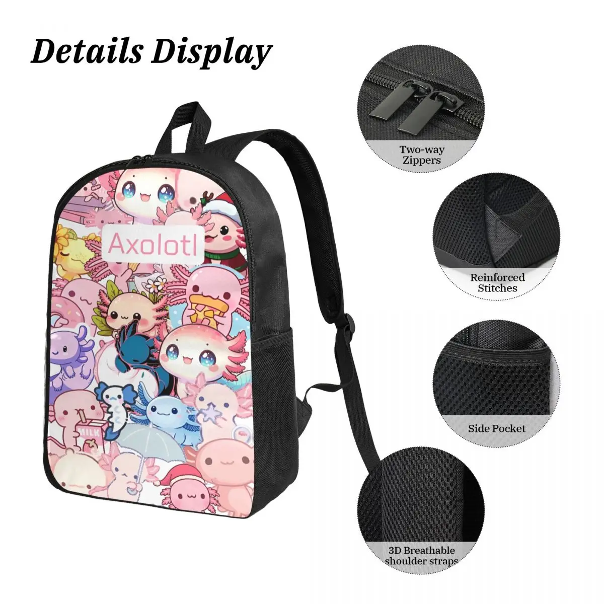3Pcs Axolotl Accessories Backpack Set for Children Pencil Boxes Bookbag Sets with Lunch Box For School Students Daypack