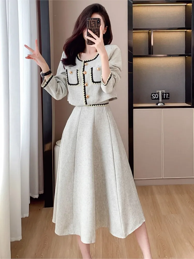 

Korean Chic Women's Midi Dress Elegant 2 Piece Set Solid Suit Short Jacket A-line Office Lady Skirt Suit Sets Outfits Clothes