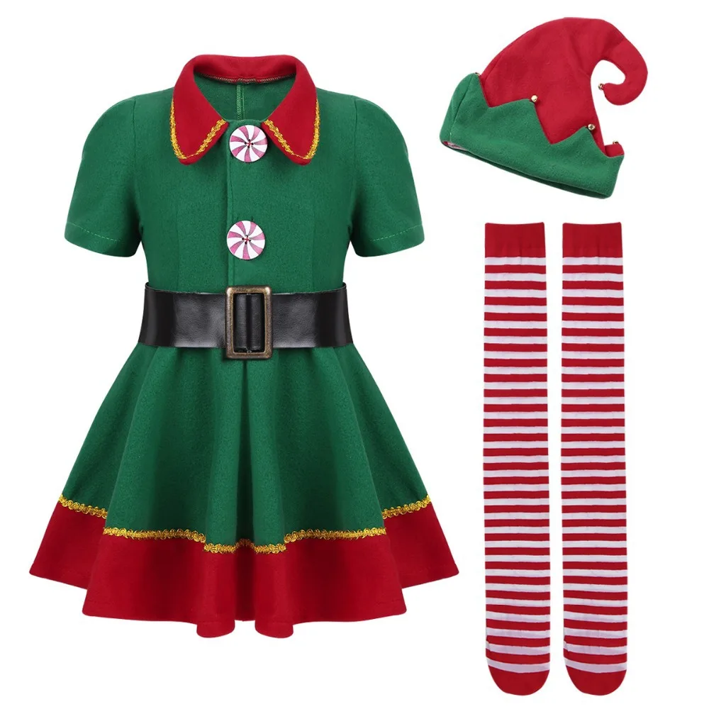 Christmas Santa Claus Costume Green Elf Cosplay Family Carnival Party New Year Fancy Dress Clothes Set For Men Women Girls Boys