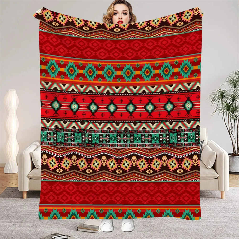 Boho Aztec Flannel Blanket Red Tribal Geometric Pattern Soft Cozy Throw for Sofa Bed Home Decor Warm Winter Gift