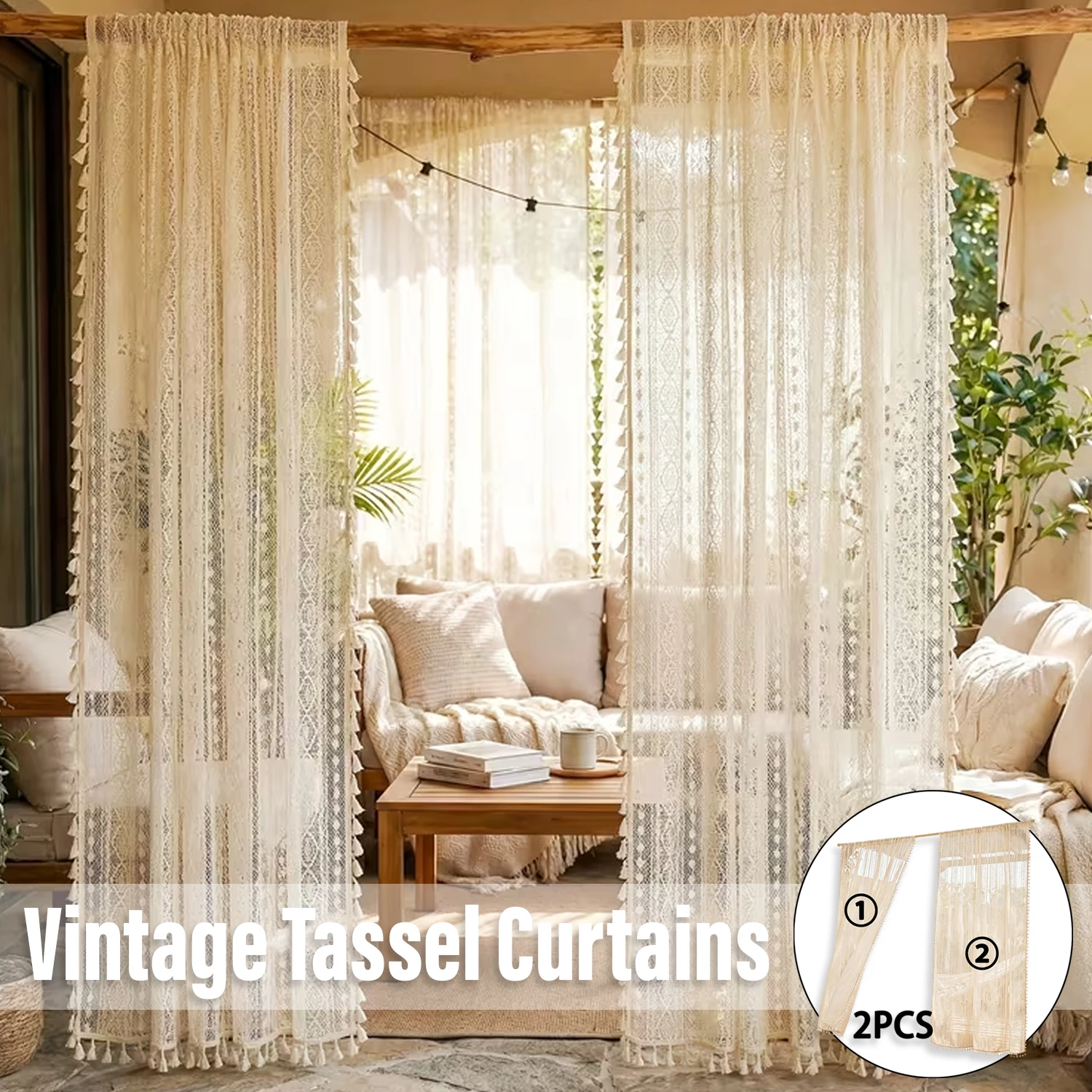 

2 Panels Boho Tassel Crochet Curtains for Living Room Geometry Knitted Lace Light Filtering Curtains Vintage Rod Pocket Curtain