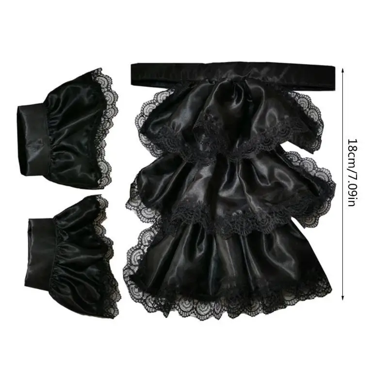 R1WE Victoriaanse Koloniale Jabot Verstoorde Satijnen Kraag en Valse Manchetten Set Volwassen Kind Unisex Halloween Party