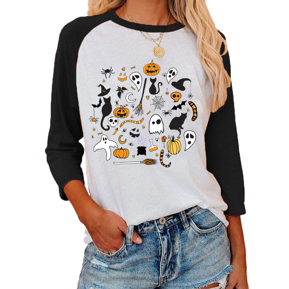 

Halloween Doodles Print T Shirt For Women Halloween Casual Raglan T-shirts O Neck Three Quarter Sleeve T Shirt Halloween Tshirt