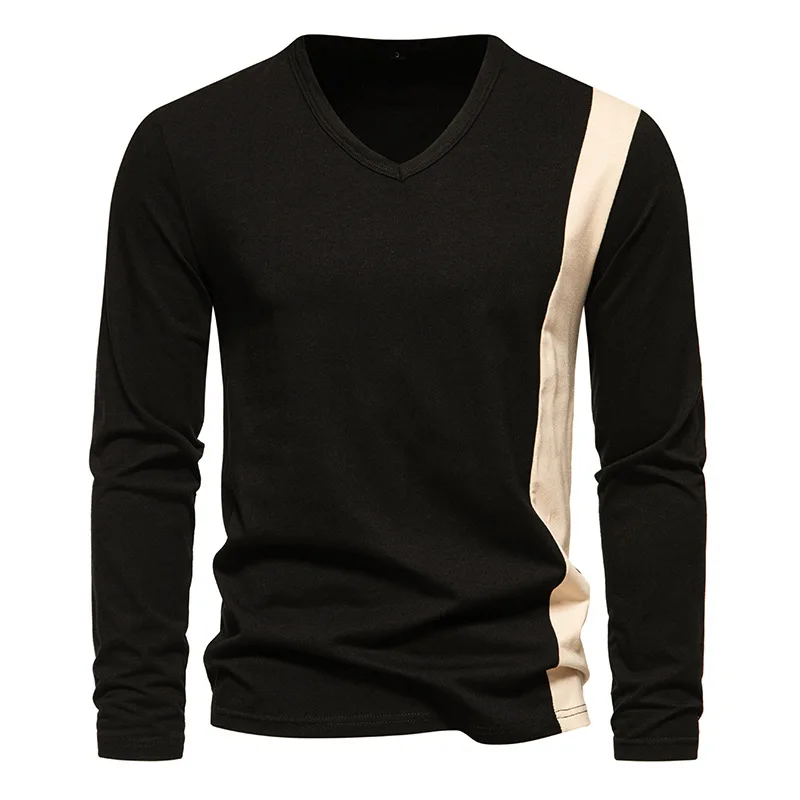 Black Patchwork V Neck Henley T Shirt Men 2023 Brand Casual Streetwear Work Wear T Shirt Men Slim Long Sleeve Tee Shirt Homme