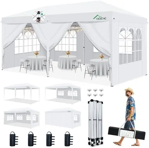 10x20 Pop Up Canopy Tent with 6 Removable Sidewalls, White, 10x20 | One-Push Center Lock Event Shelter with Church