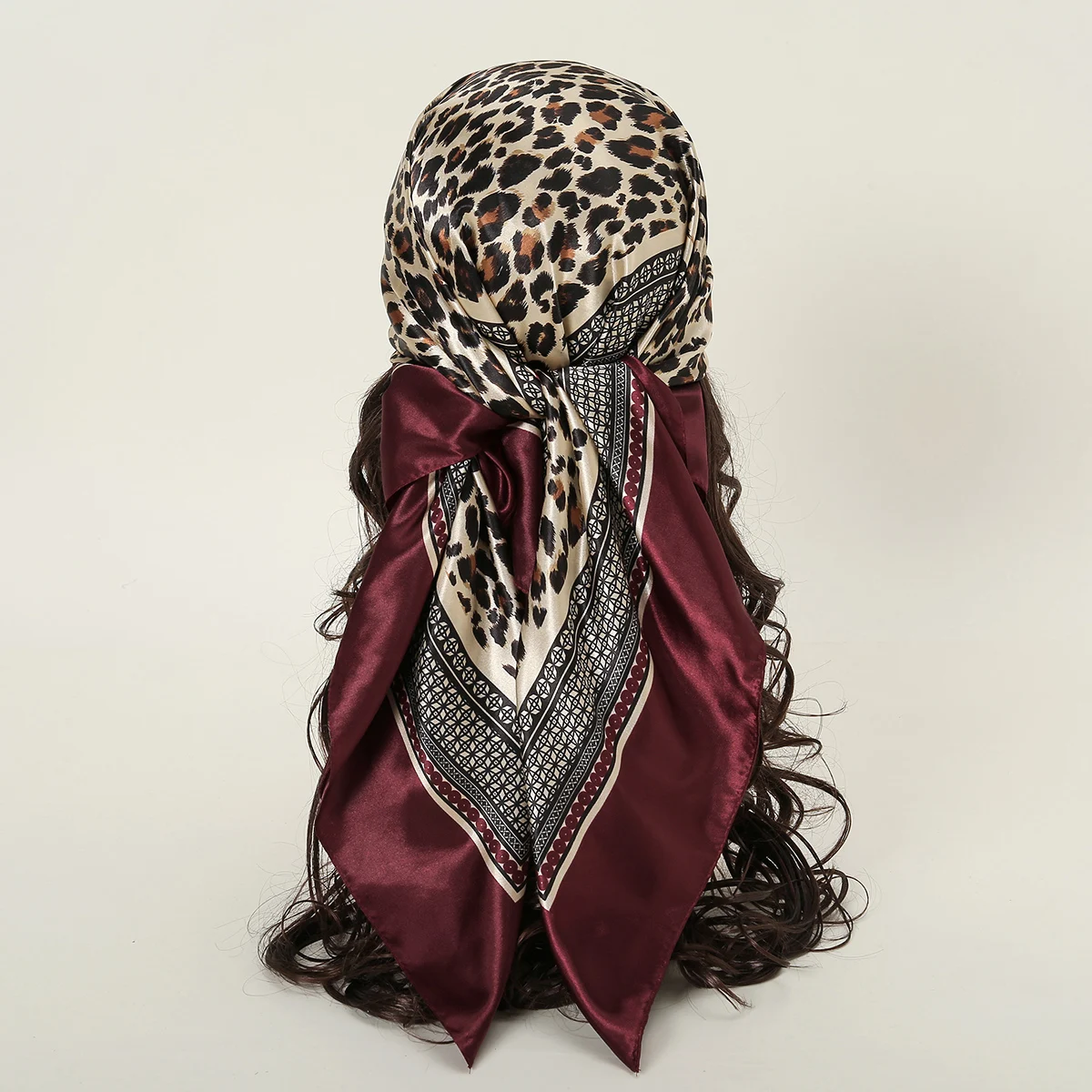 90cm Leopard Print Square Scarf Satin Silk Headband Muslim Woman Hijab Lady Fashion Hairwrap Rock Style Headscarf Islim Turban