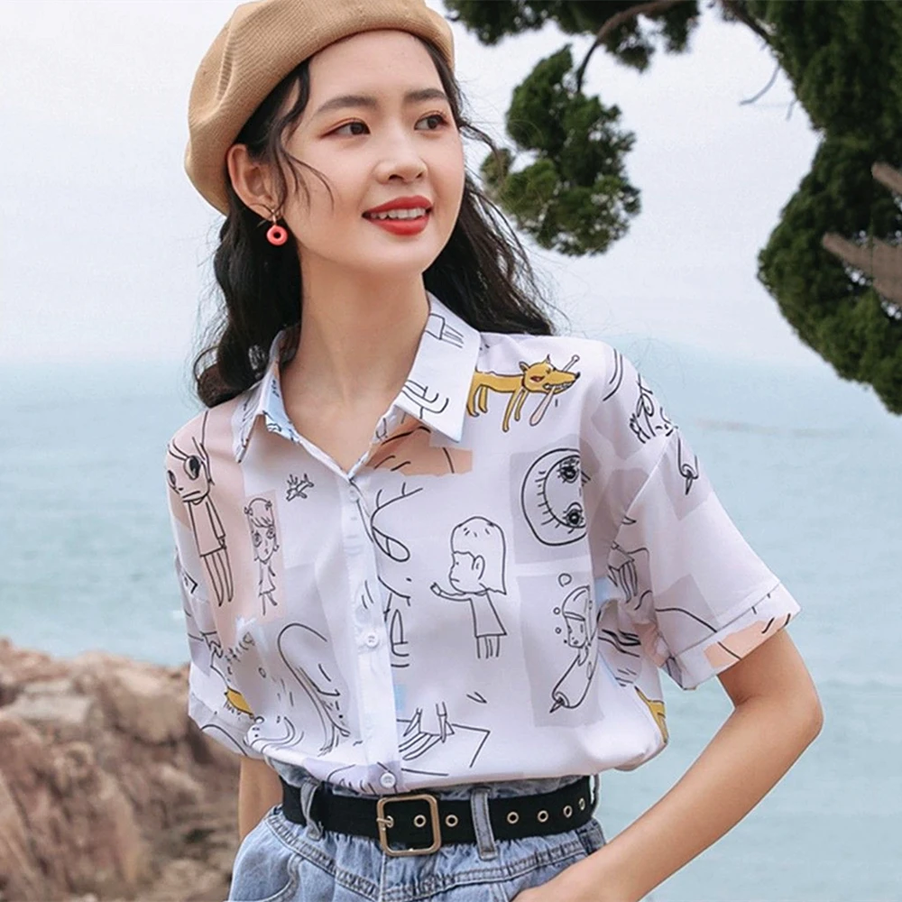 Japanese Fantastic Girl Anime Comics Shirts Teens Students Kawaii Summer Blouse Half Sleeve Oversized Camisas Women Beach Tops