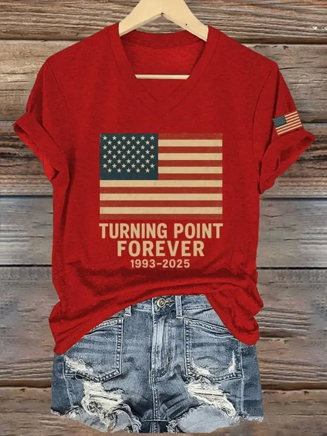 Women's Turning Point Forever 1993 2025 Print V-Neck T-Shirt America Flag Tee