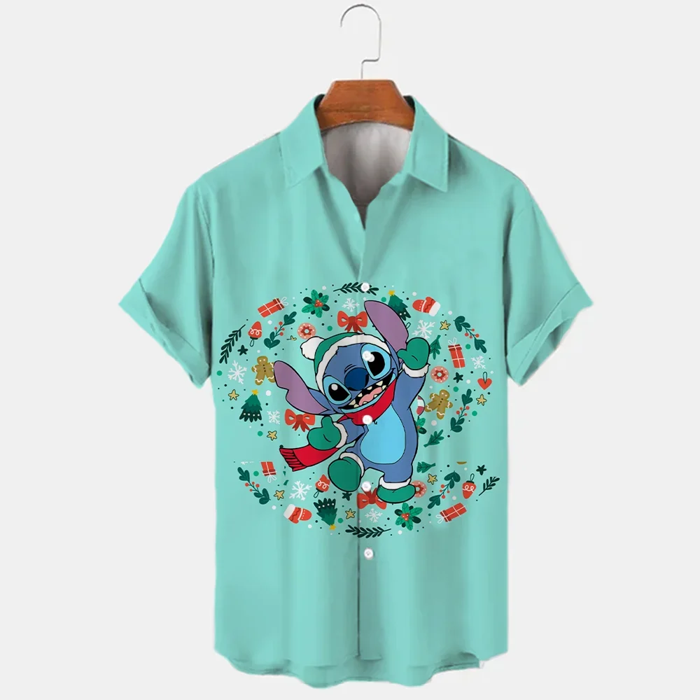 Disney Stitch Christmas Hawaiian Shirts Men's Women's Casual Beach Shirt Disney Hawaiian Shirt Short Sleeve Button Up Shirt