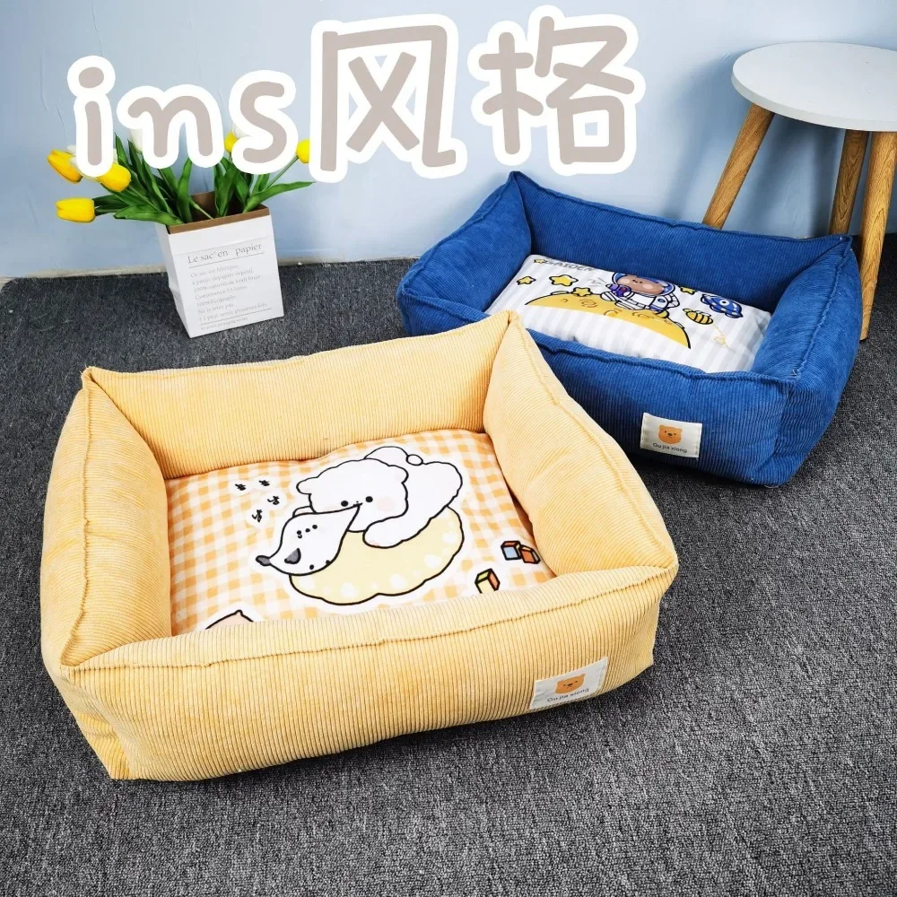 

Ins Fabric Sofa Square Corduroy Pet Nest Printed Pet Cotton Nest Cat Nest Kennel Universal for All Seasons