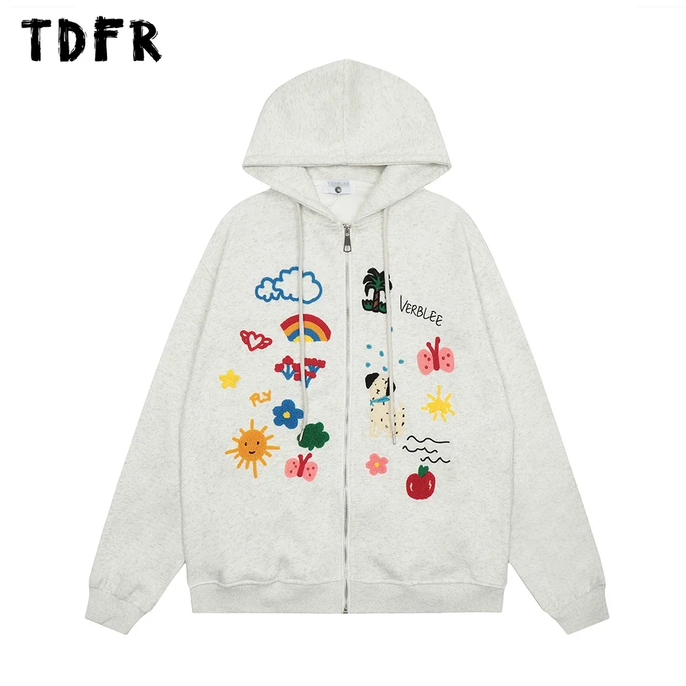 

Flower Embroidery Hooded Sweatshirts Mens Casual Streetwear Autumn Zipper Fly Long Sleeve Hoodies Men Outerwear