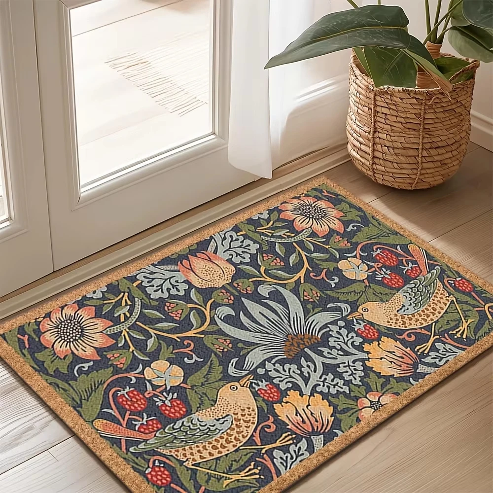 VIKAMA William Morris Style Floral Bird Doormat, Non-Slip Absorbent Entryway Rug for Indoor & Outdoor Decor