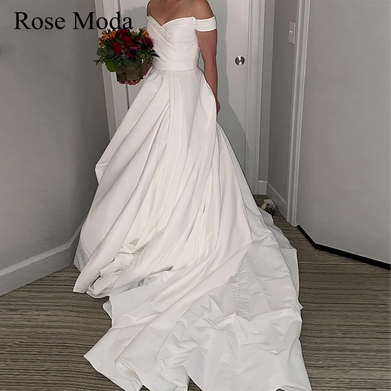 

Rose Moda Off the Shoulder High Slit Wedding Dresses with Long Train Custom Make