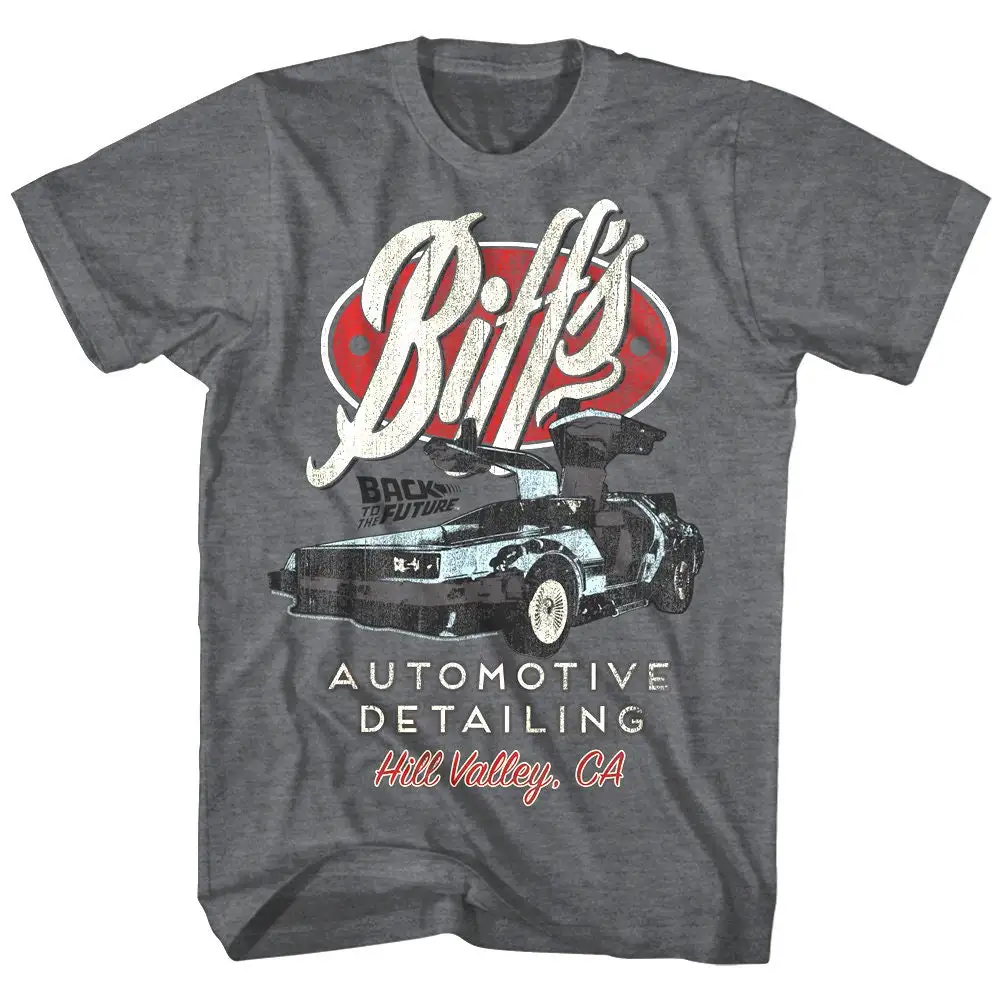 Camiseta de Regreso al futuro para hombre, camiseta gráfica de Heather y carbón con detalles automotrices de Biff, camisetas grandes y altas, camisetas de película de los años 80