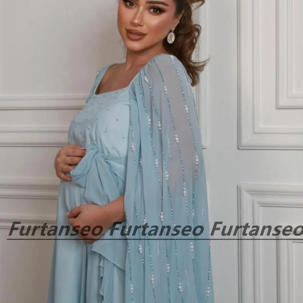 Party Gown Square Neck Shawl Feather Beaded Saudi Arabian Pregnant Women\'s Evening Dress Sheath Dubai Ankle-Length Prom Dresses