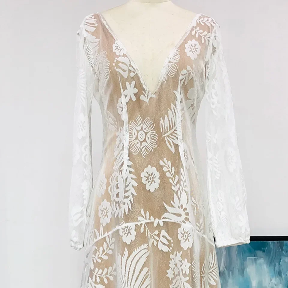 플로럴 프린트 플레어 슬리브 이브닝 드레스 보헤미안 여성 휴가용 V넥 백리스 선드레스 하이웨이스트 웨딩 게스트 볼 가운