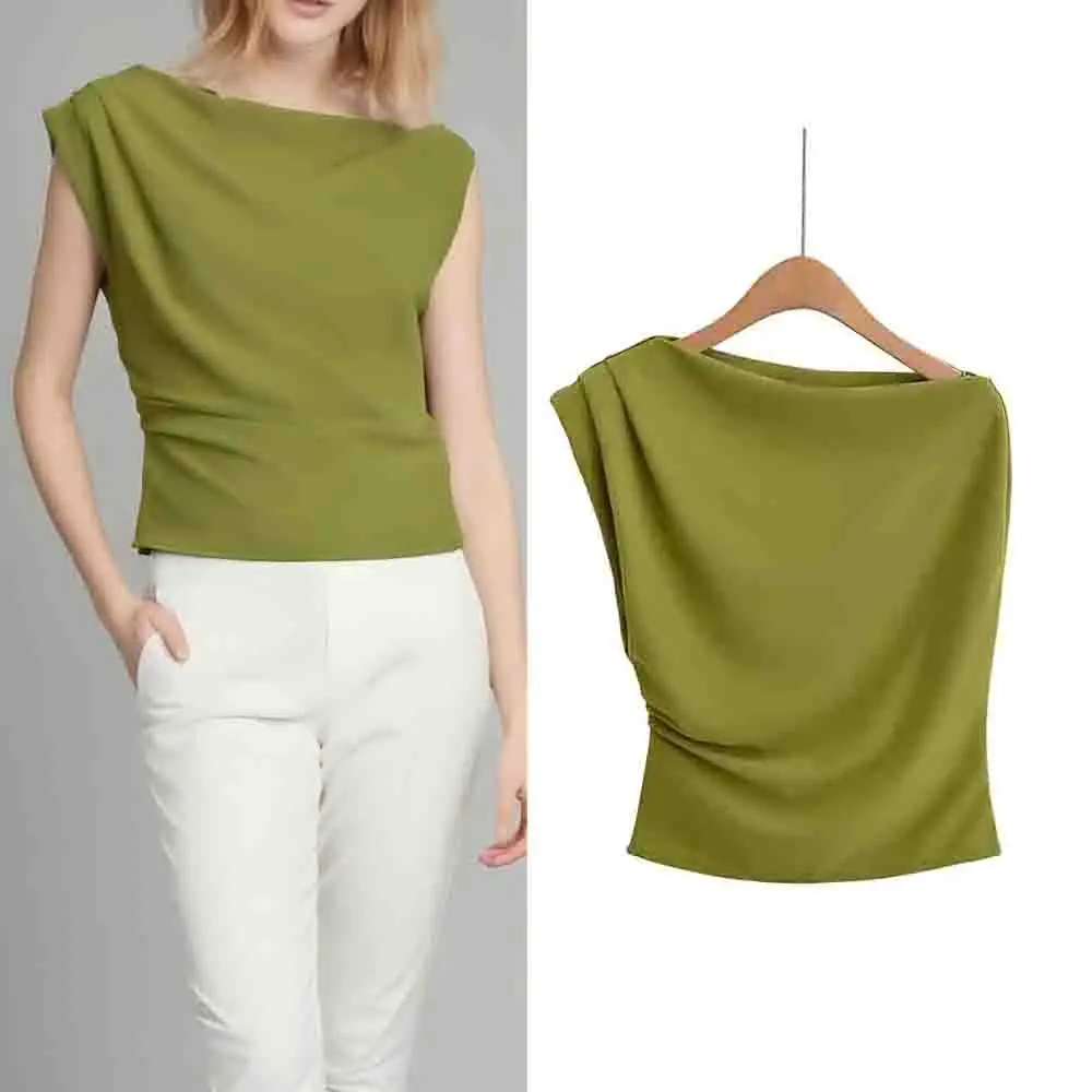 

Women's new fashion sloping shoulder collar design short knitted pleated top retro sleeveless women's pullover chic top