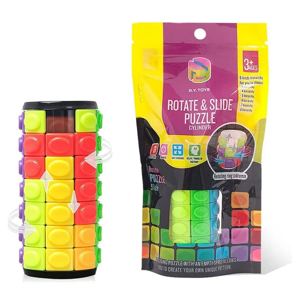 Magic Cube Puzzle 3D Cylinder Puzzle Rotate Fidget Toy Multi-Layer Brain Teasers Slide Logic Hand Game Colorful Sliding Sensor