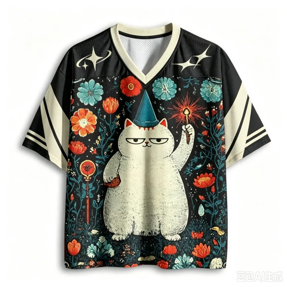 Retro Cat and Flower Illustration 3D Print Men sport V-neck T-shirt Outdoor street casual Fashion Quick-dry Breath parent-child
