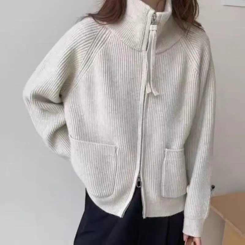 Cárdigan con cuello levantado para niña, abrigo holgado con doble cremallera, prendas de punto gruesas, versátil, viento perezoso, partes superiores nuevas, venta al por mayor, Otoño Invierno