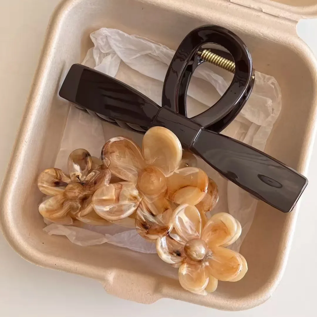 

2 шт., винтажная коричневая мраморная лента с цветочным бантом, большая заколка для волос, коготь во французском стиле, заколка в виде акулы, украшение для хвоста, аксессуары для волос