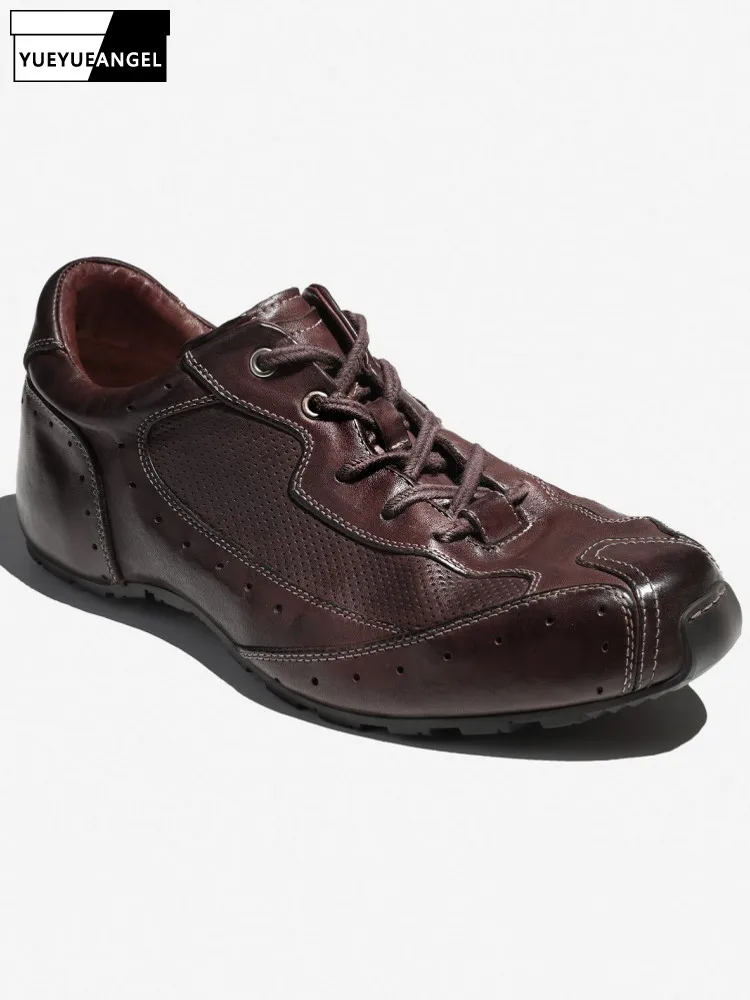 Fashion Mens Horsehide Genuine Leather Sneakers Handmade Lace Up Breathable Joggers Trainers Shoes Low Cut Thick Platform Shoes