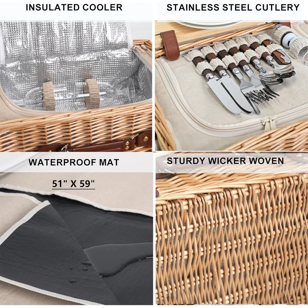 مجموعة سلة نزهة من الخيزران تتسع لـ 4 أشخاص مع بطانية معزولة وطاولة قابلة للفصل وأدوات مائدة كاملة للتخييم للأزواج في الهواء الطلق