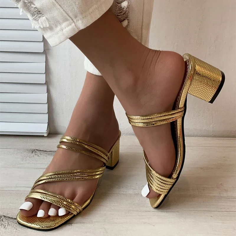 High Heels Sandals Women\'s Shoes 2023 Summer Trends Sexy Gold Fashion Slippers Square Toe Thick With Luxury Party Shoes Size 42