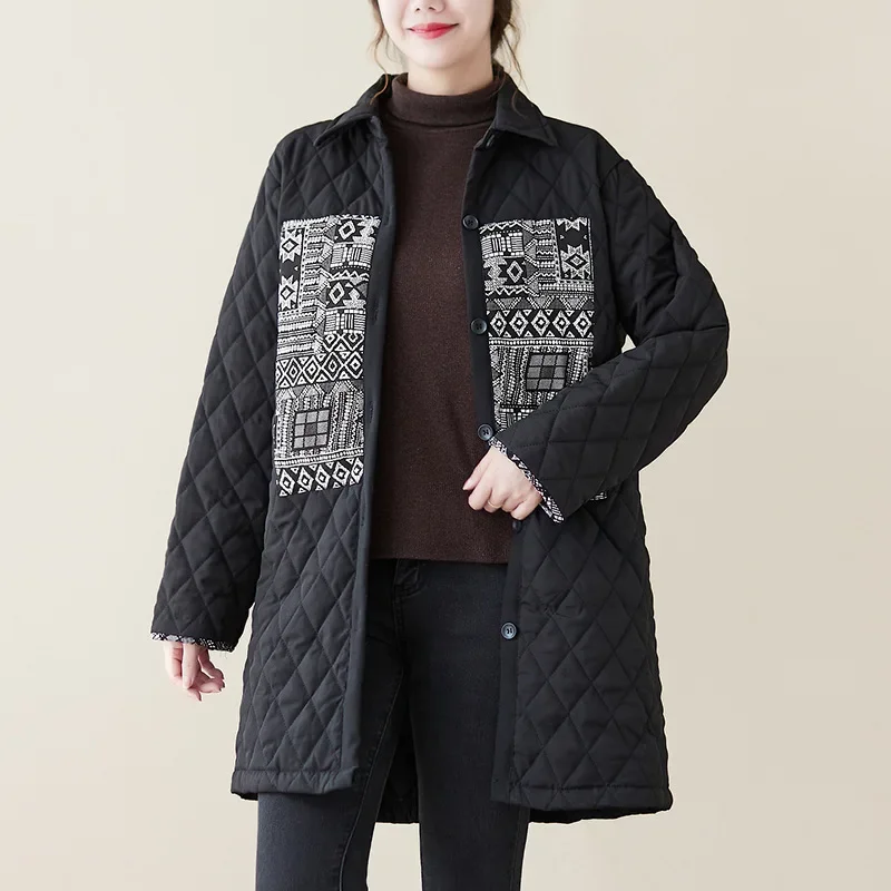 Women's Loose Thin Warm Folder Cotton Jacket Literary Retro Long Section Diamond-shaped Grid Autumn and Winter Coat