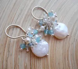 Josiane coin pearl gemstone cluster earrings baby light blue white aquamarine quartz freshwater pearl sterling silver March June