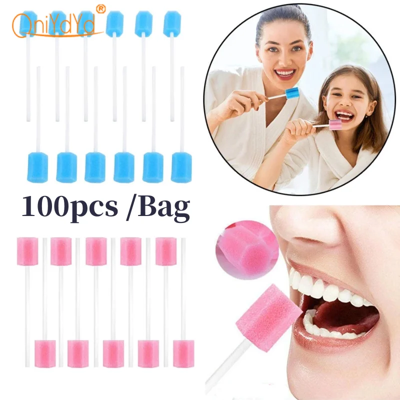 100Pcs Dental Disposable Oral Sponge Swab Tooth Cleaning Mouth Swabs With Stick