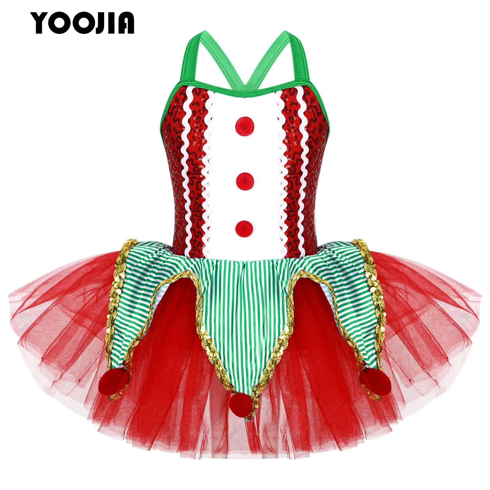 Children Girls Christmas Elf Circus Clown Cosplay Costumes Sleeveless Sequins Ballet Tutu Dance Dress Figure Skating Leotard