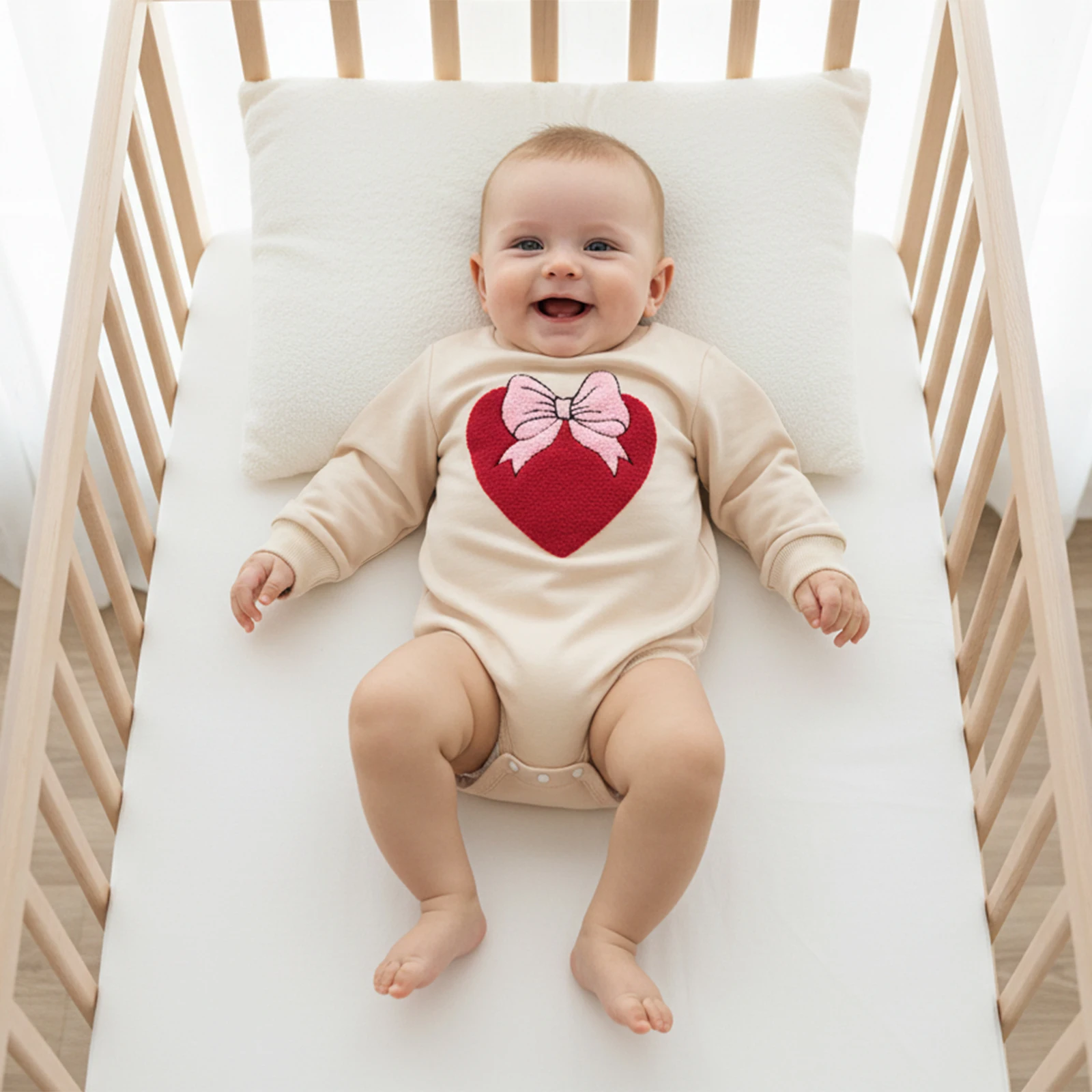 عيد الحب طفل الفتيات السروال القصير مريحة طويلة الأكمام جولة الرقبة القلب القوس التطريز بذلة سويتي الطفل داخلية