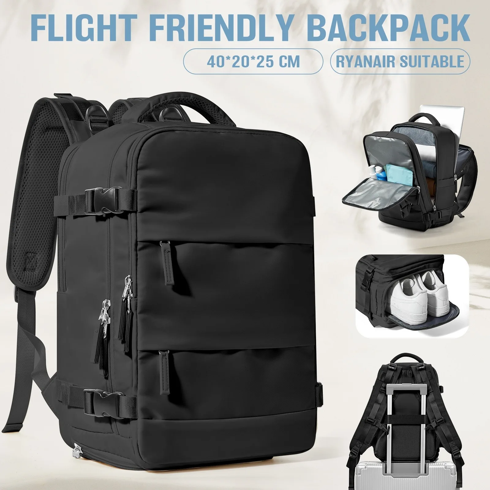 男性用および女性用のトラベルバックパック、航空会社承認済みのラップトップバックパック、15.6インチに適しています、防水パーソナルウエストバッグ、