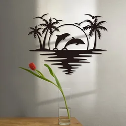 Creative Dolphin Coconut Tree Beach Iron Indoor Outdoor Crafts Decoration, Great for Living Room Bedroom, Hallway,Wall Sticker