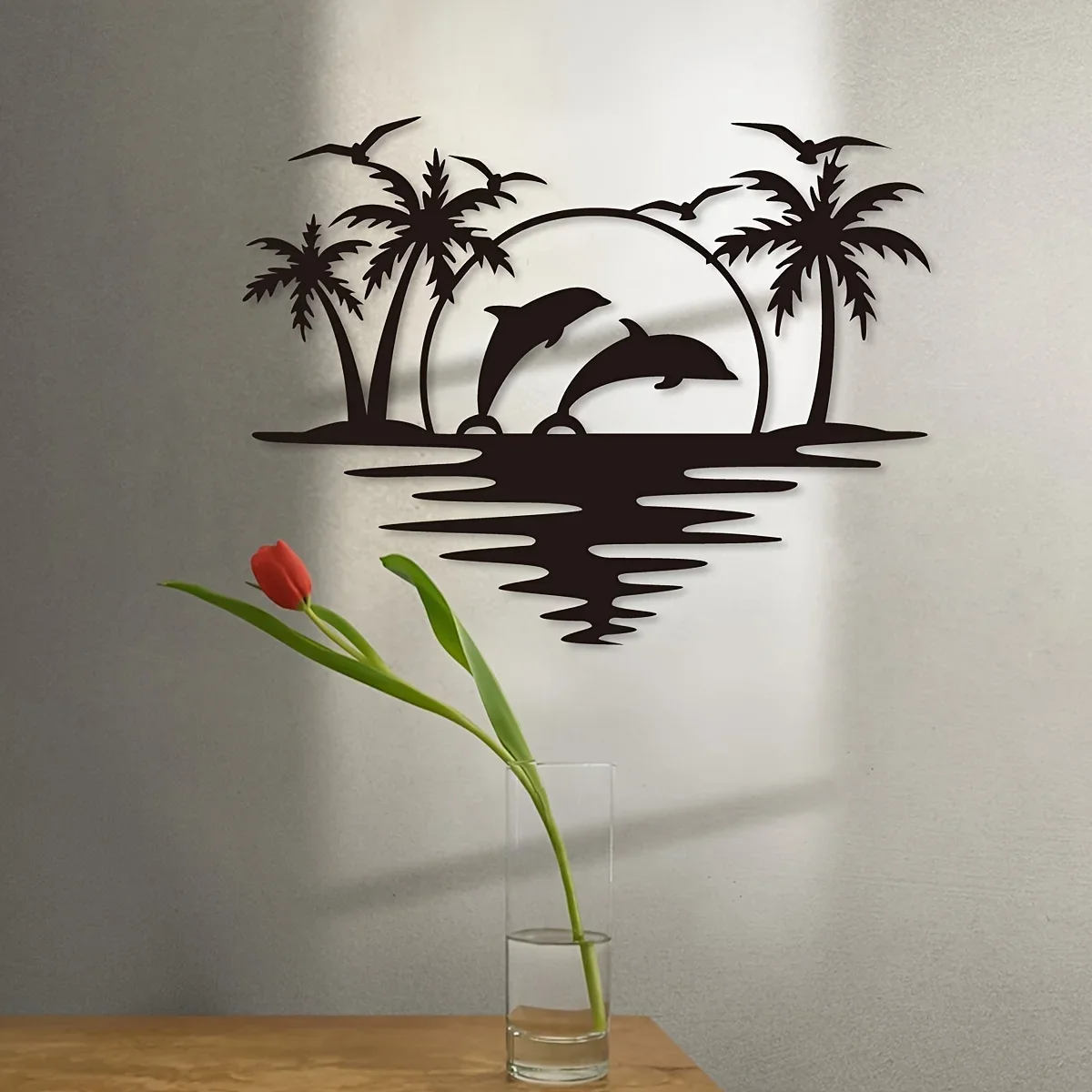 Creative Dolphin Coconut Tree Beach Iron Indoor Outdoor Crafts Decoration, Great for Living Room Bedroom, Hallway,Wall Sticker