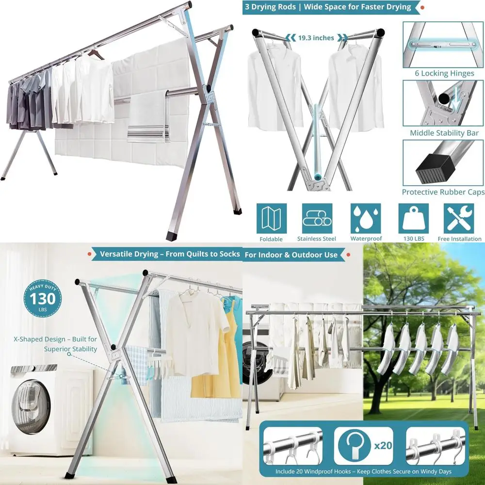 

Portable Heavy-Duty Stainless Steel Clothes Drying Rack, Indoor/Outdoor Use, with 20 Hooks, Large Capacity
