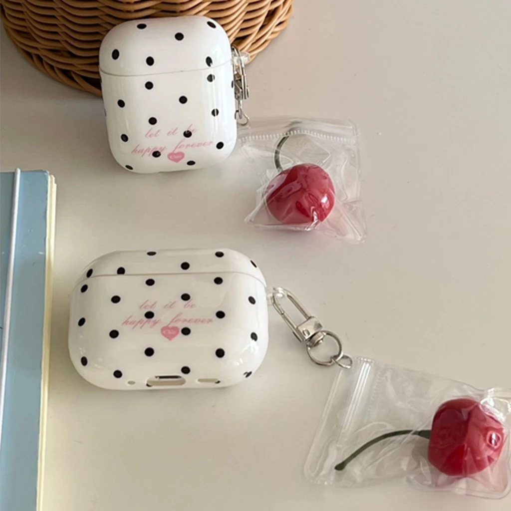 Koreanischer Stil, schlichtes Polka-Dot-Design mit Kirsch-Anhänger, stoßfeste Schutzhülle für AirPods 1 oder 2, 3, 4, 5, Pro 2, Pro 3.