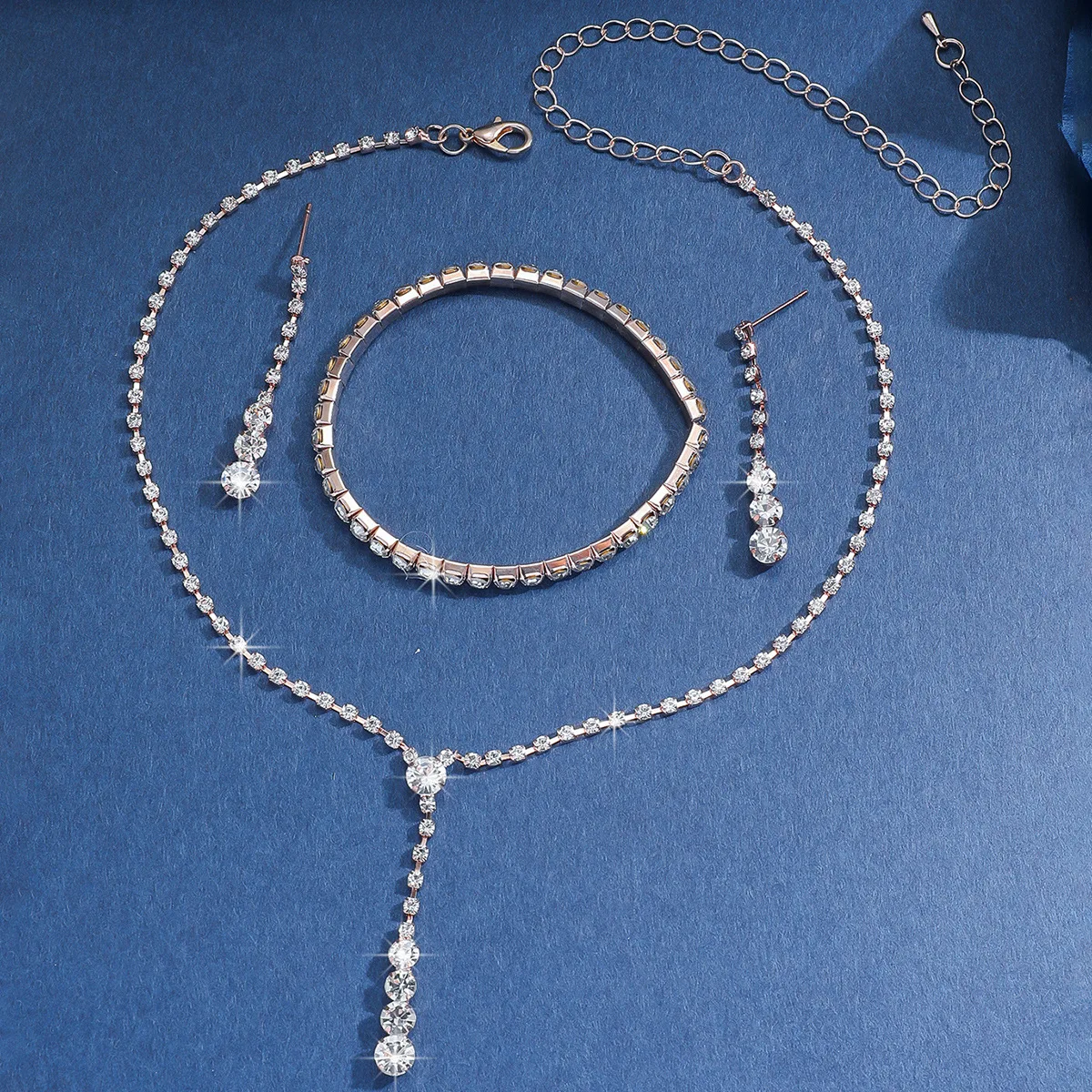 4PCS/Set Simple Tassel Rhinestone Necklace Bracelet Earrings Set Bridal Wedding Party Banquet Photography Jewelry