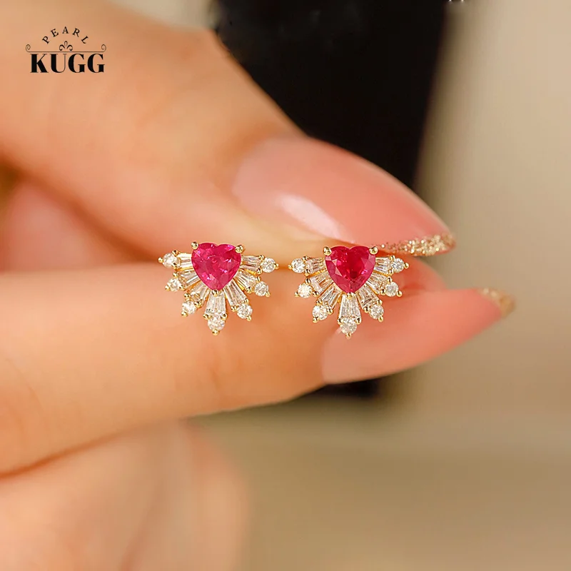 

KUGG 18K Yellow Gold Earrings Romantic Heart Design Natural Ruby Real Diamond Gemstone Stud Earrings for Women Wedding Jewelry