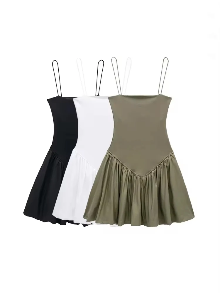 Damska sukienka mini z patchworku, prążkowanej popeliny, z bufiastymi rękawami, prostym dekoltem, cienkimi ramiączkami, sukienki damskie, seksowna moda