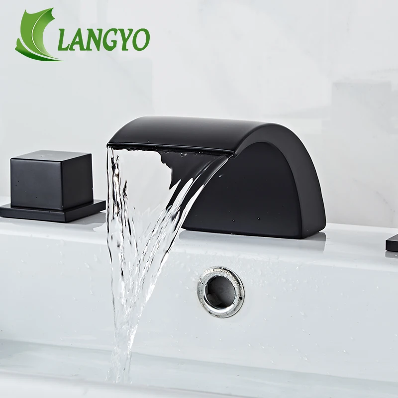 LANGYO Split Type Waterfall Bathtub Fauce Mixer A Full Brass Black Fashion Bathroom Faucet Hot Cold Water Water Tap BR-2019CF06