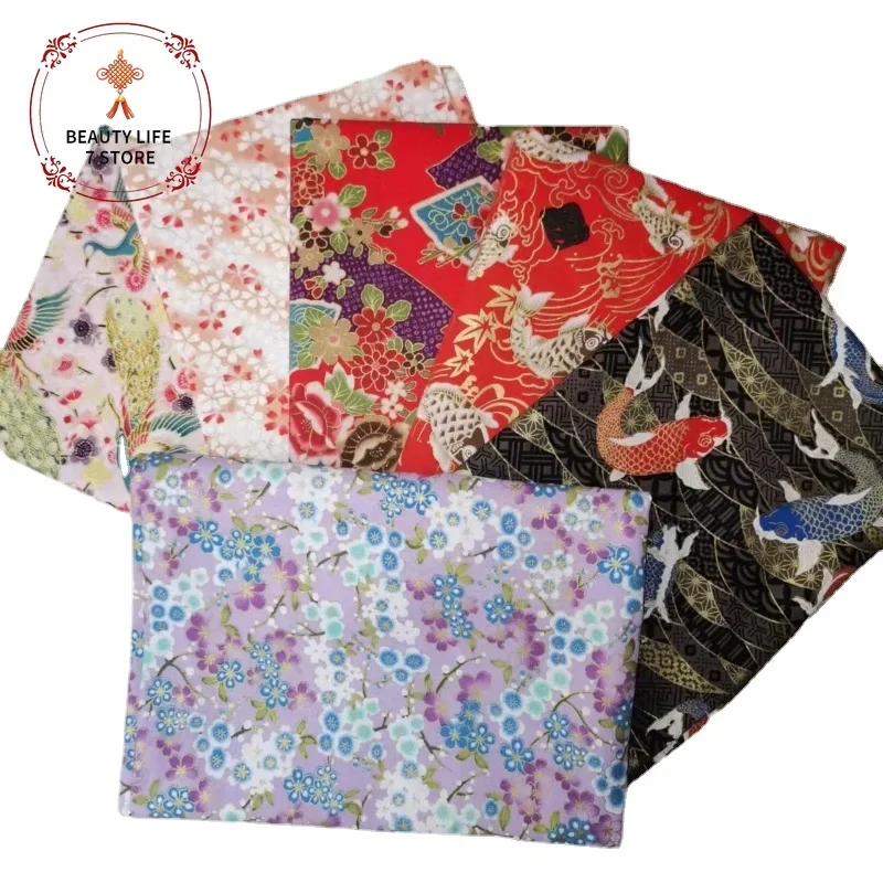 Printed Bronzed Cotton Fabric Japanese Style Flower Pattern Cloth for Kimono Cheongsam DIY Bag Handmade Patchwork DIY 145*50cm