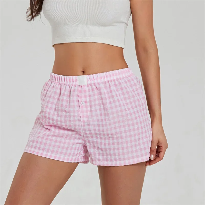 Short de pyjama en vichy à carreaux pour femmes, taille élastique, short de nuit à carreaux baggy, bas de short lounge, mignon, Y2K