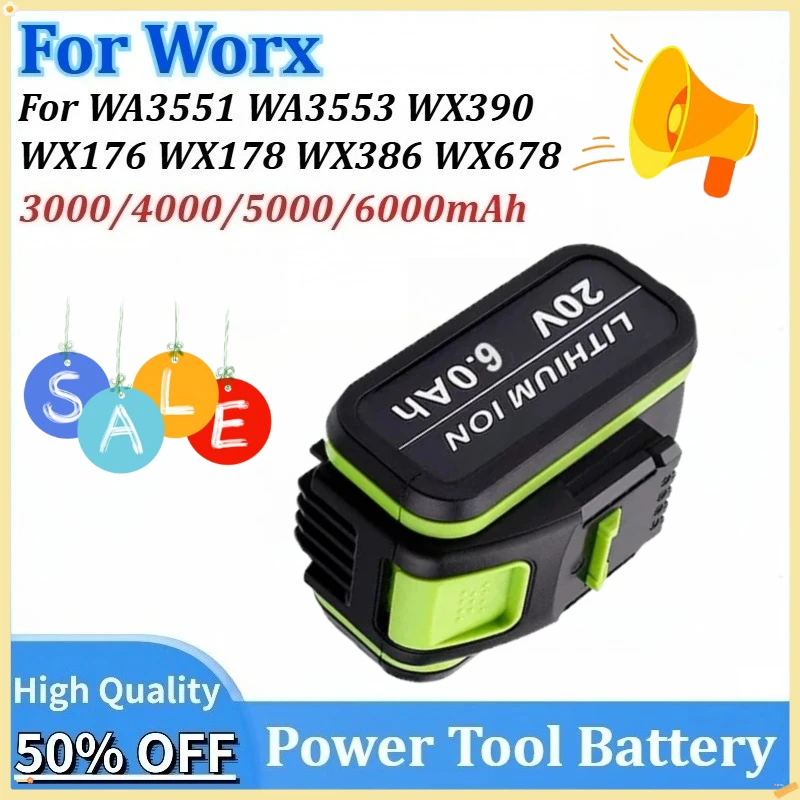 

New 20V 6.0Ah Replacement Lithium Battery for Worx Power Tools WA3551 WA3553 WX390 WX176 WX178 WX386 WX678 Rechargeable Battery