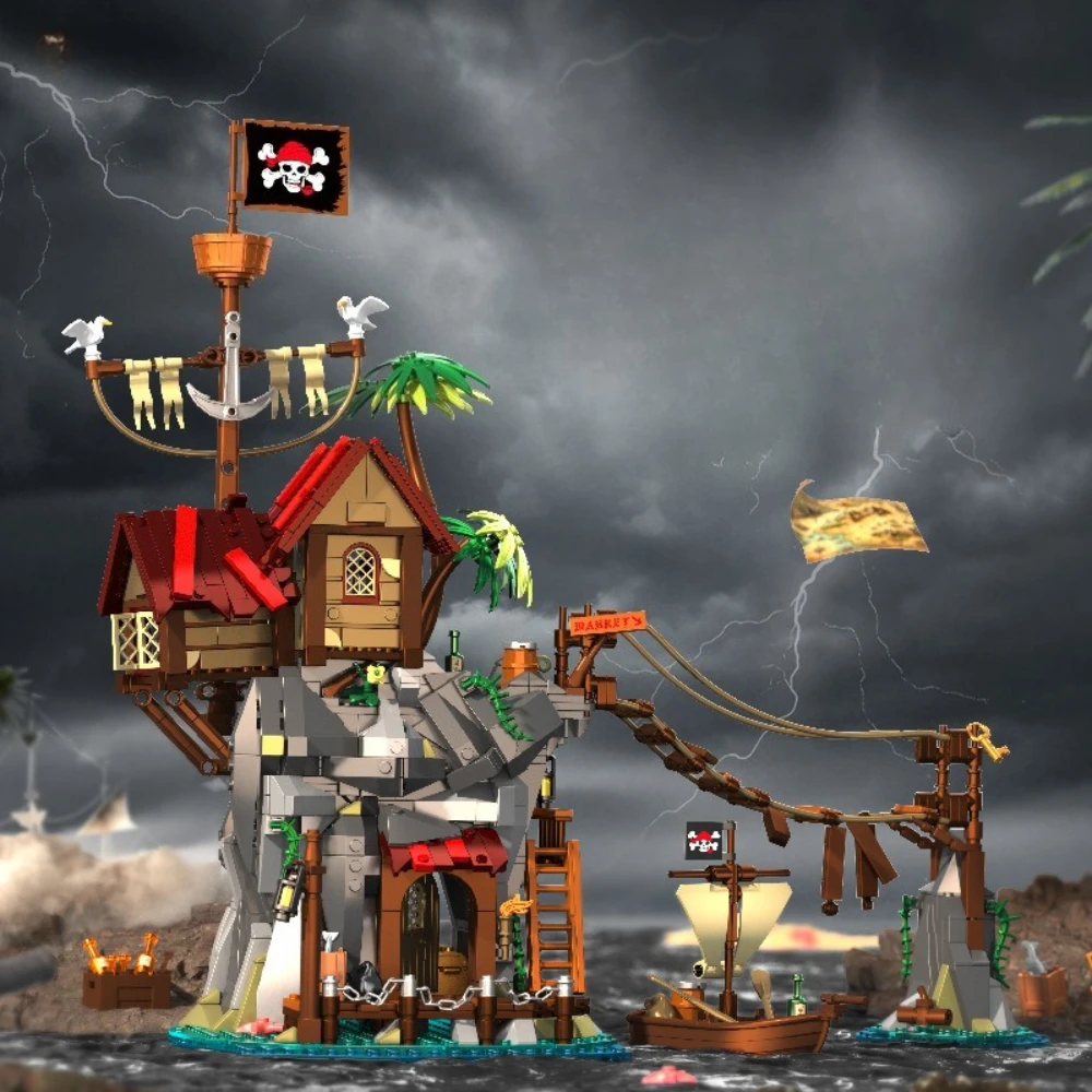 MOC Medieval Castle Cliffside Broken Mast Cabin Skull Island Building Blocks Set Pirate Port Town Toy For Children Birthday Gift