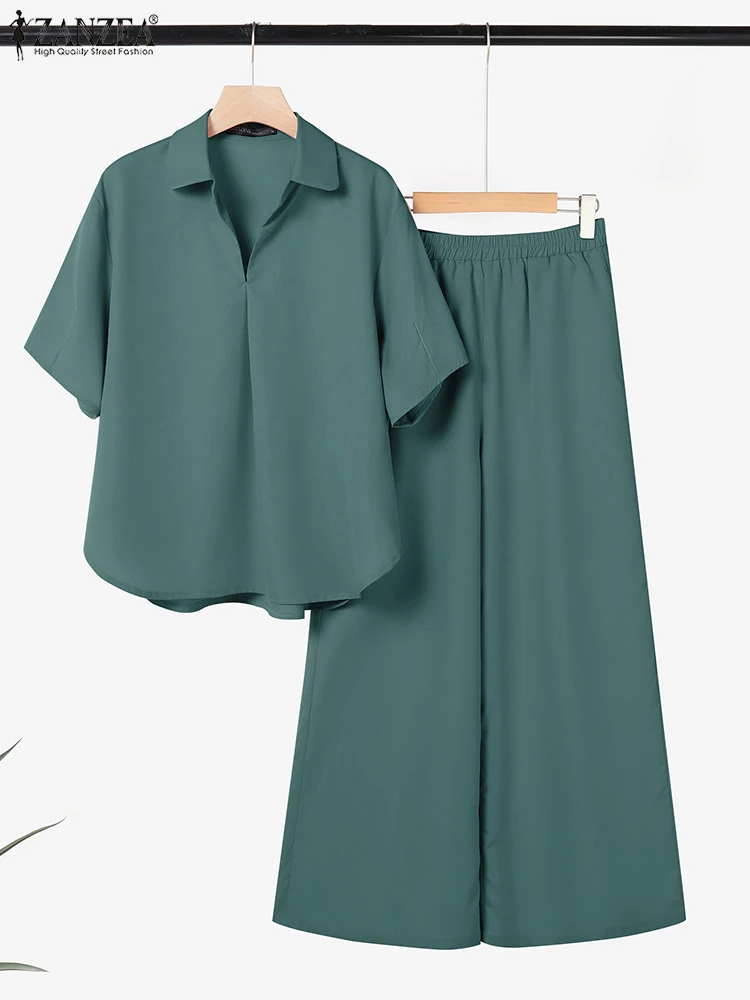 

Summer 2PCS Short Sleeve Blouse Pant Sets ZANZEA Women Solid Matching Sets Fashion OL Work Tracksuits Casual Loose Outfits 2025
